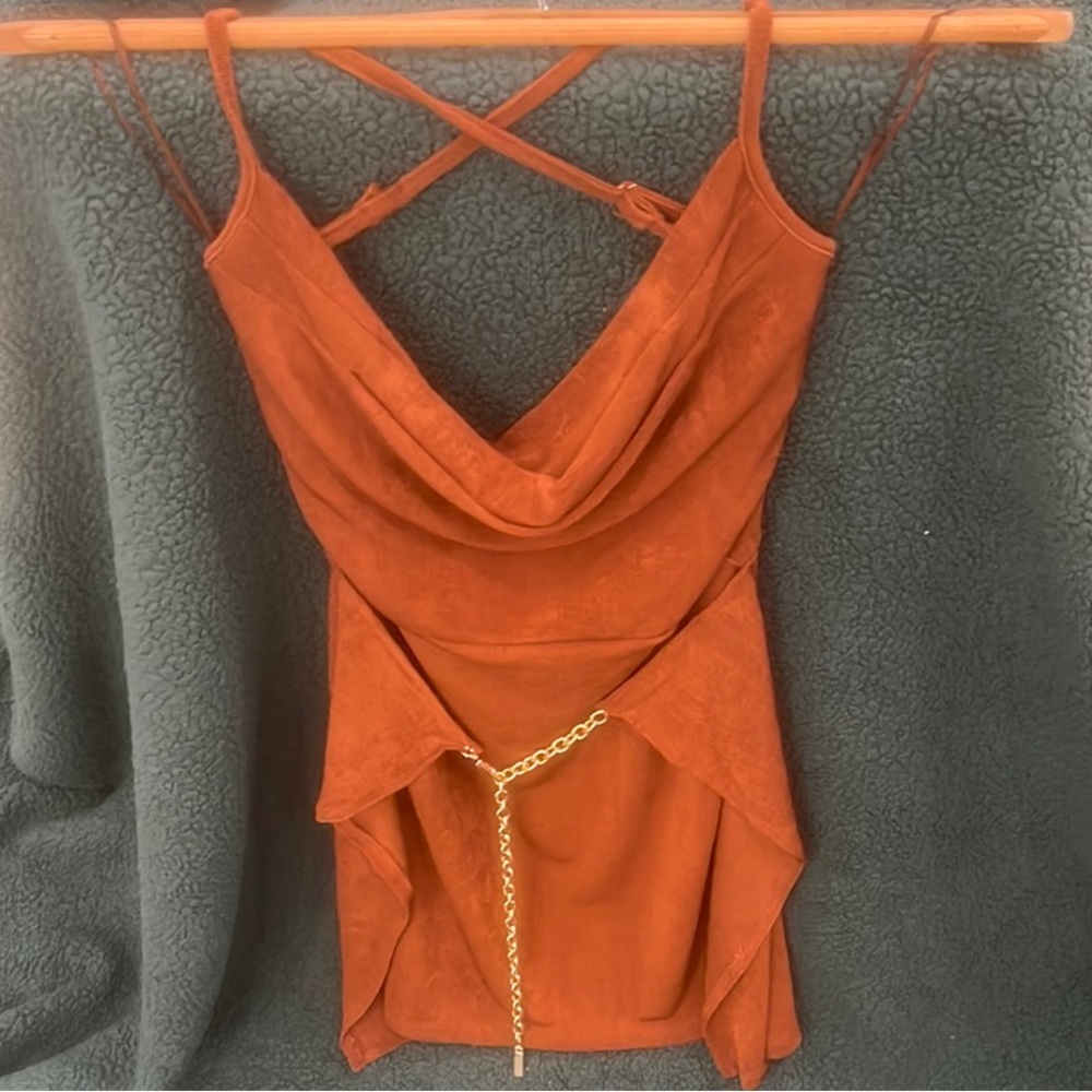 Strappy Rust Orange Cowl Neck Dress with Gold Chain Detail